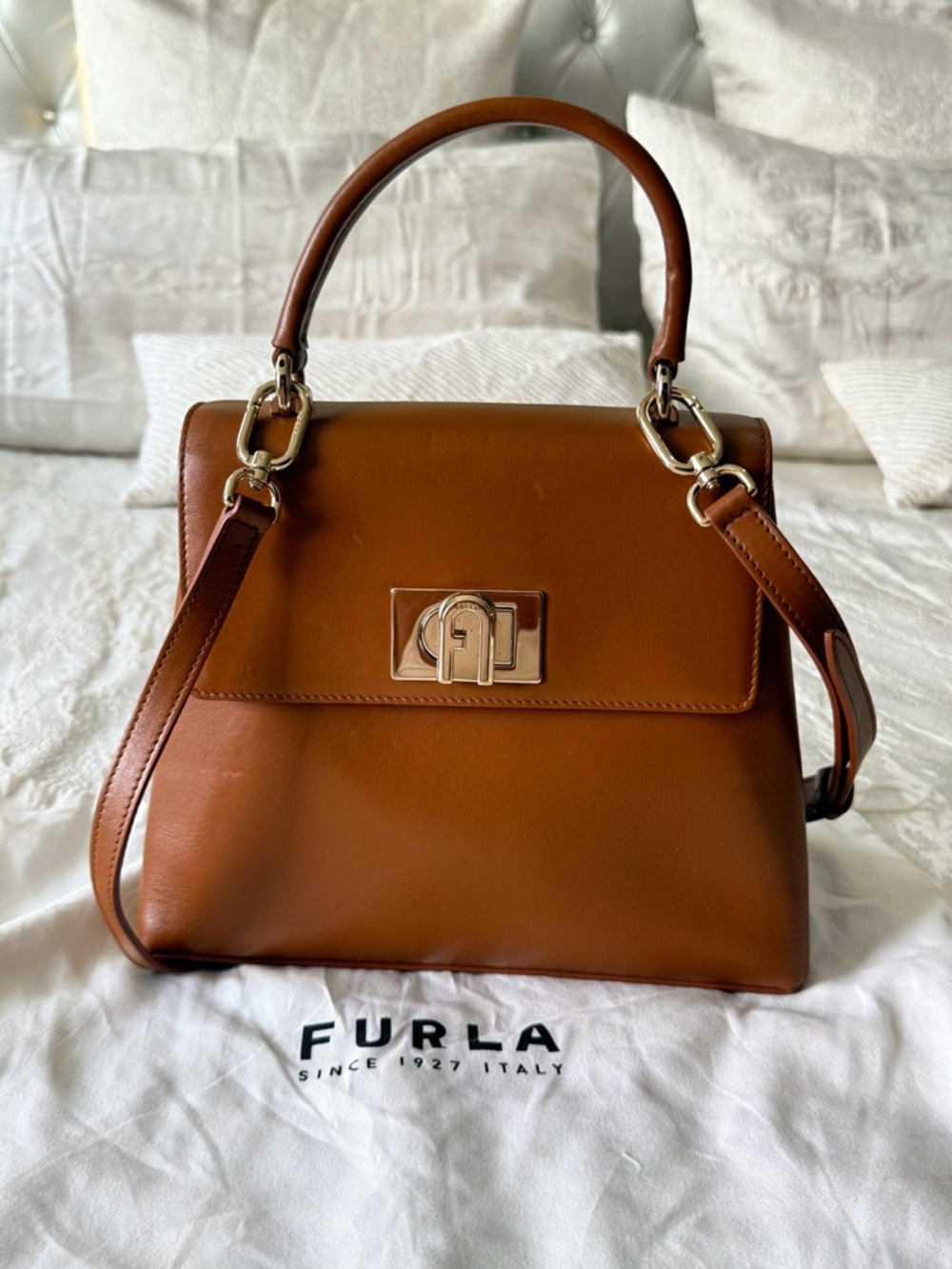 Furla Cognac Brown Leather Top-Handle Satchel